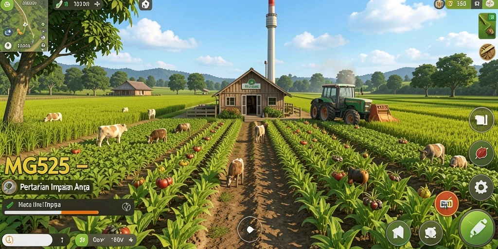Tampilan gameplay MG525 dengan pertanian yang rimbun dan aktif.