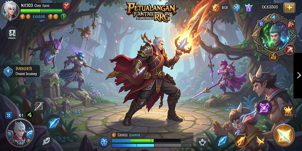 Tangkapan layar gameplay NX303 menampilkan pertempuran epik di dunia fantasi.